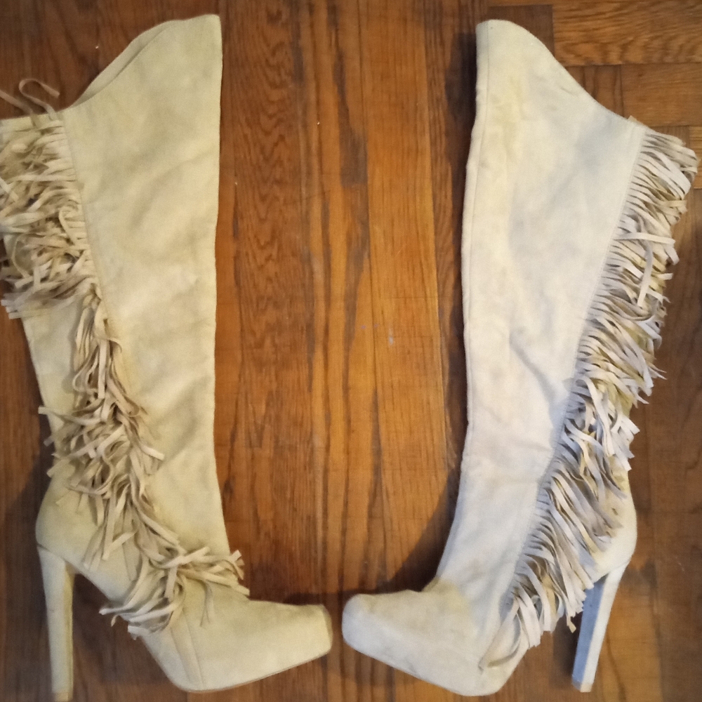 Qupid Tan Fringe High Heel Boots